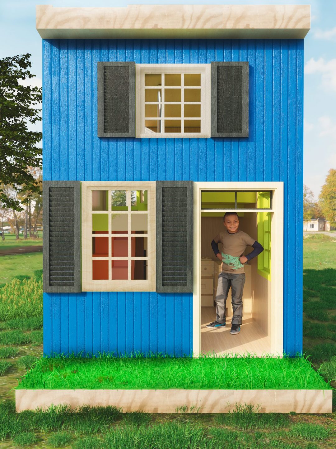 blue children's playhouse with a child standing in the door