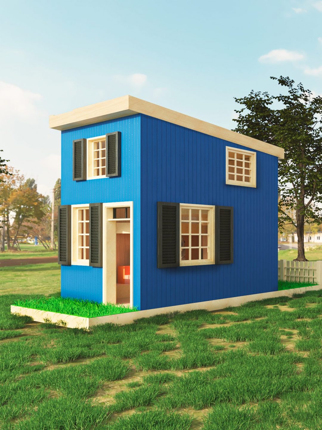 rendering of a blue children's playhouse in a field